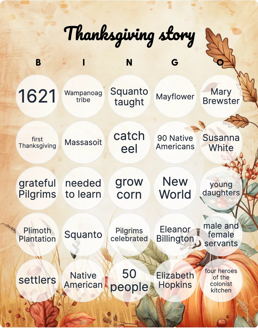 Thanksgiving story bingo card template