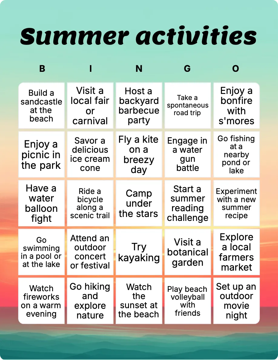 Summer activities bingo card template