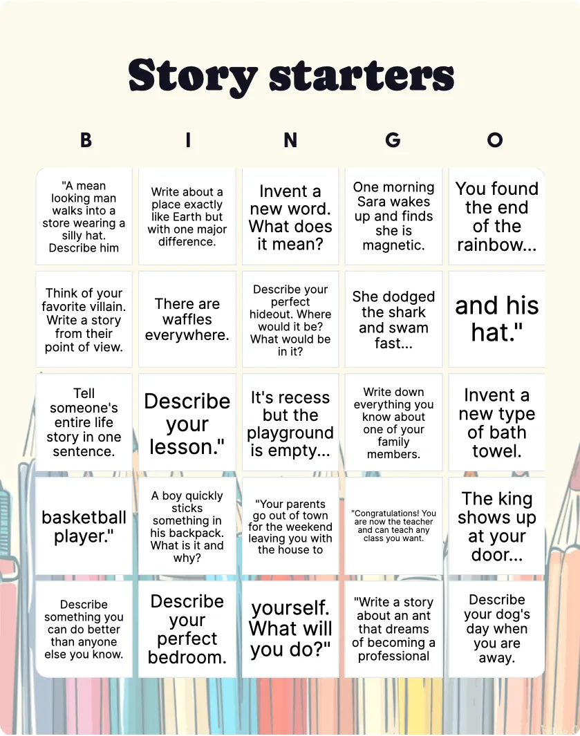 Story starters bingo card template