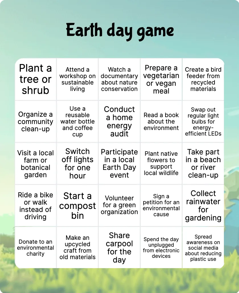 Earth day game bingo card template