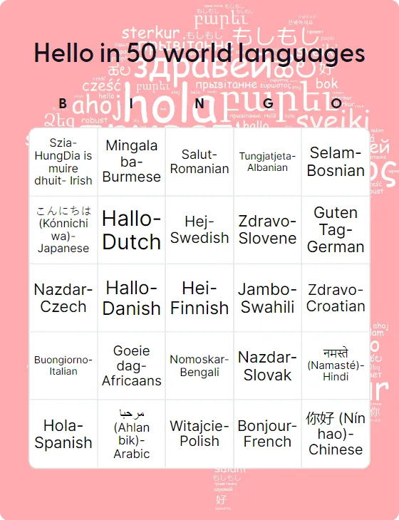 Hello in 50 world languages bingo