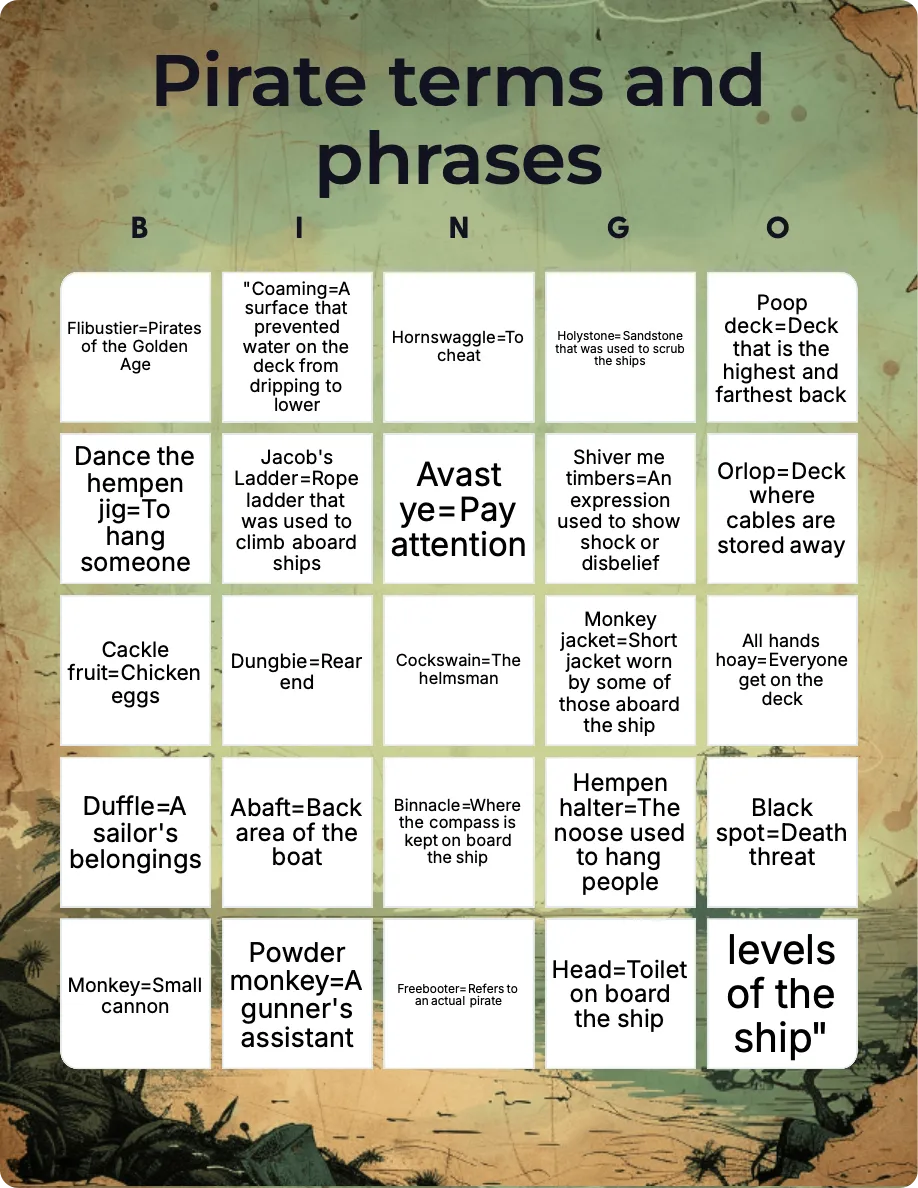 Pirate terms and phrases bingo card template