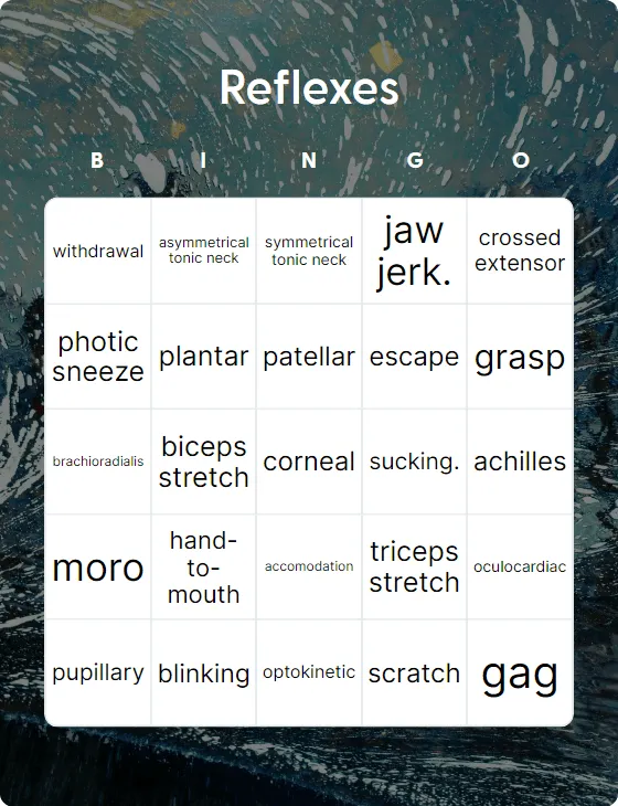 Reflexes bingo card template