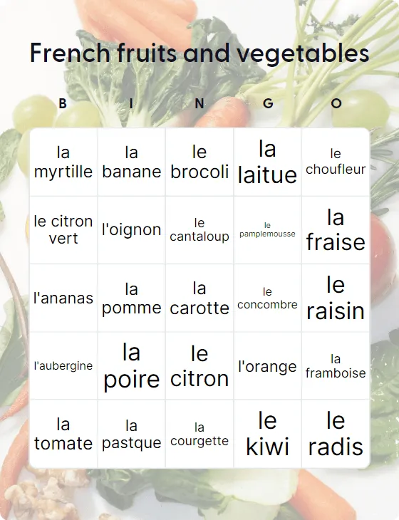 French fruits and vegetables bingo