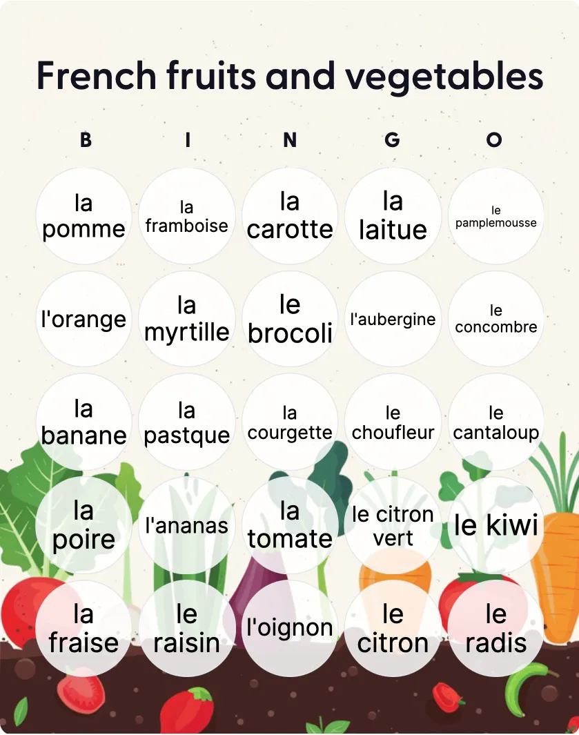 French fruits and vegetables bingo