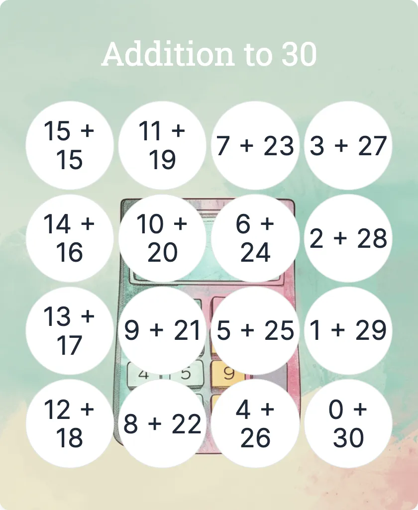 Addition to 30 bingo card template