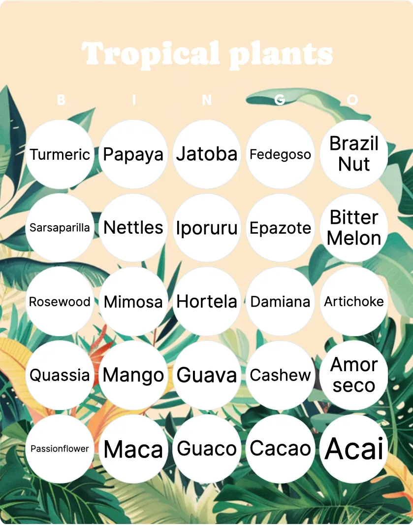 Tropical plants bingo card template