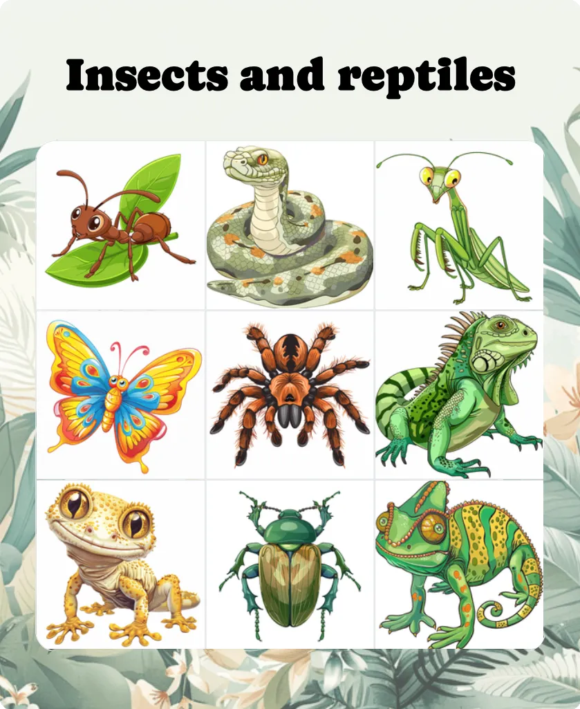 Insects and reptiles bingo card template