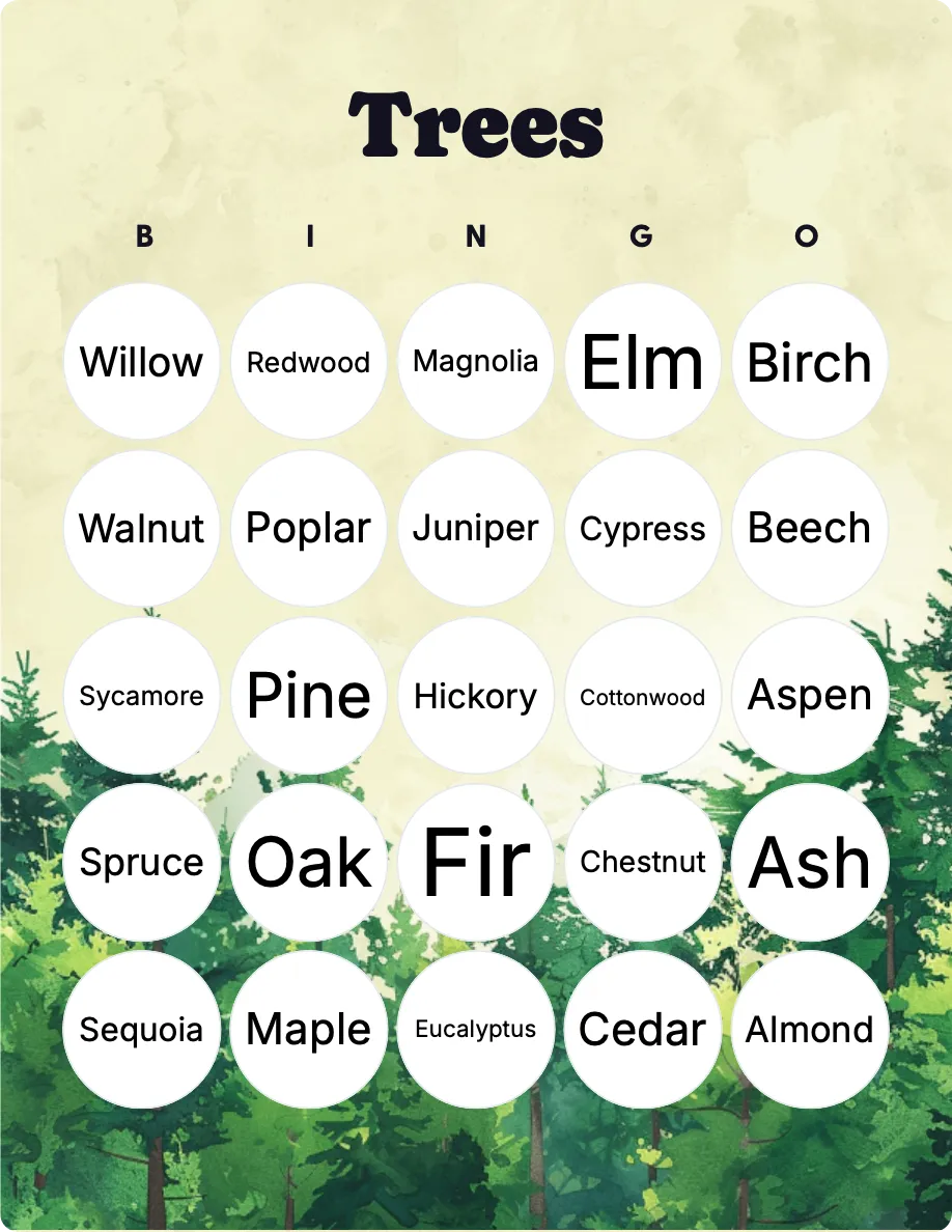 Trees bingo card template