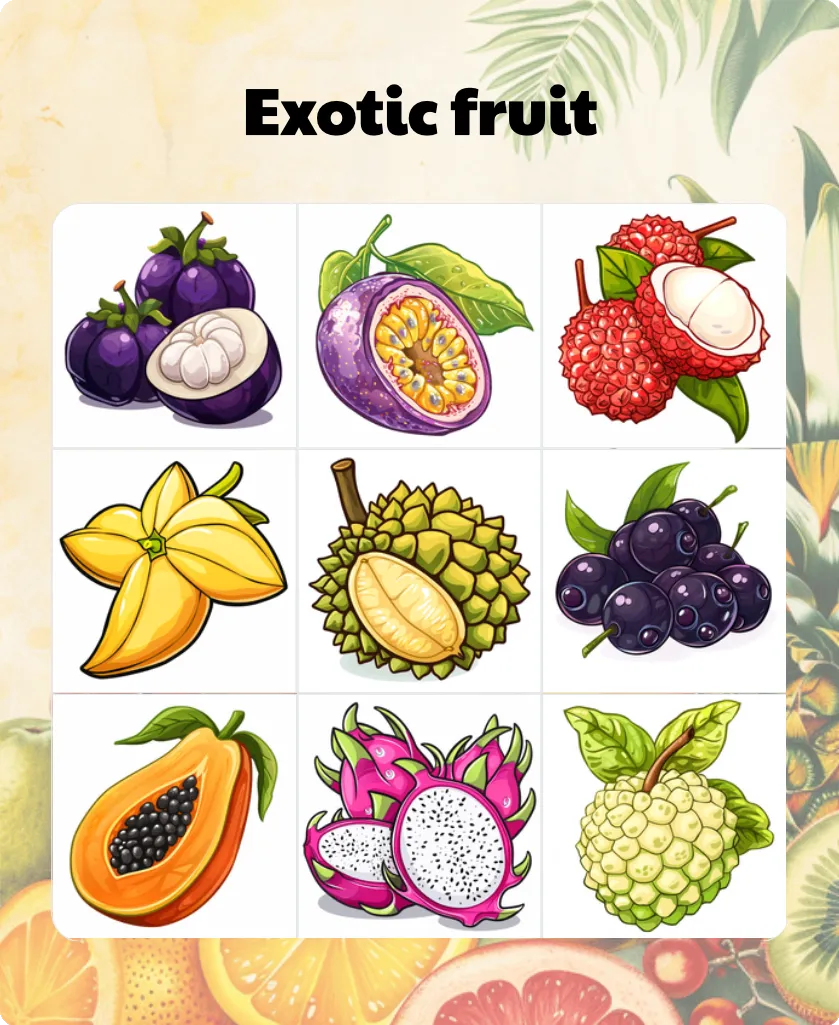 Exotic fruit bingo card template