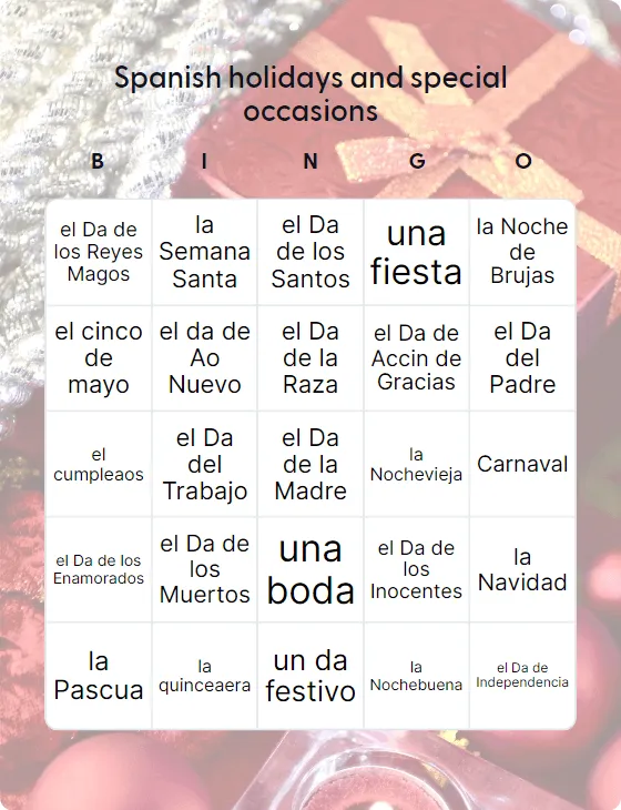 Spanish holidays and special occasions bingo