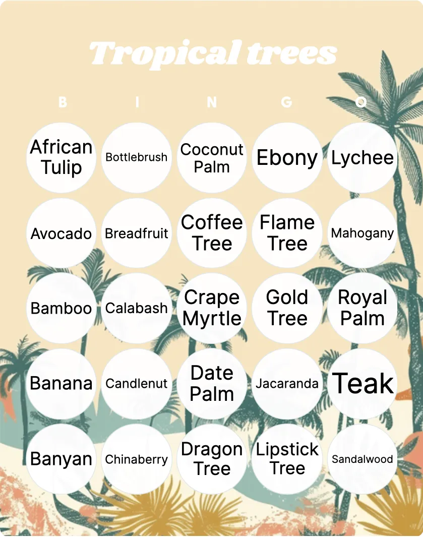 Tropical trees bingo card template