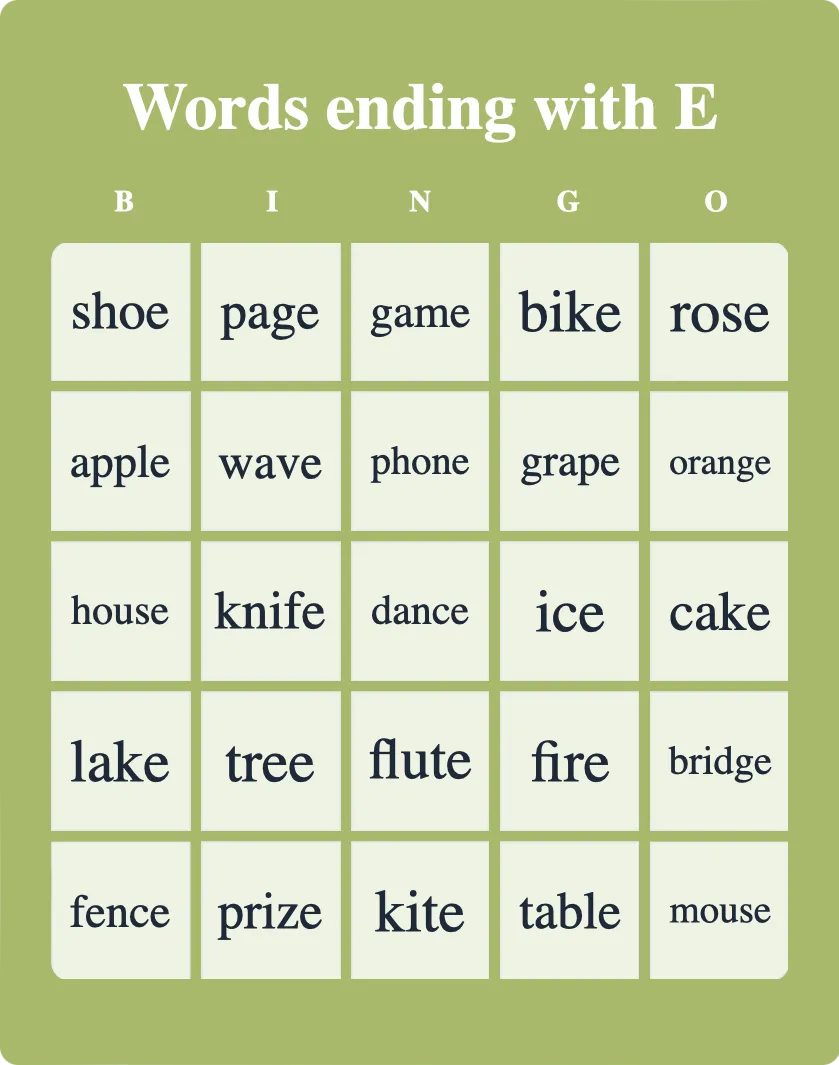 Words ending with E