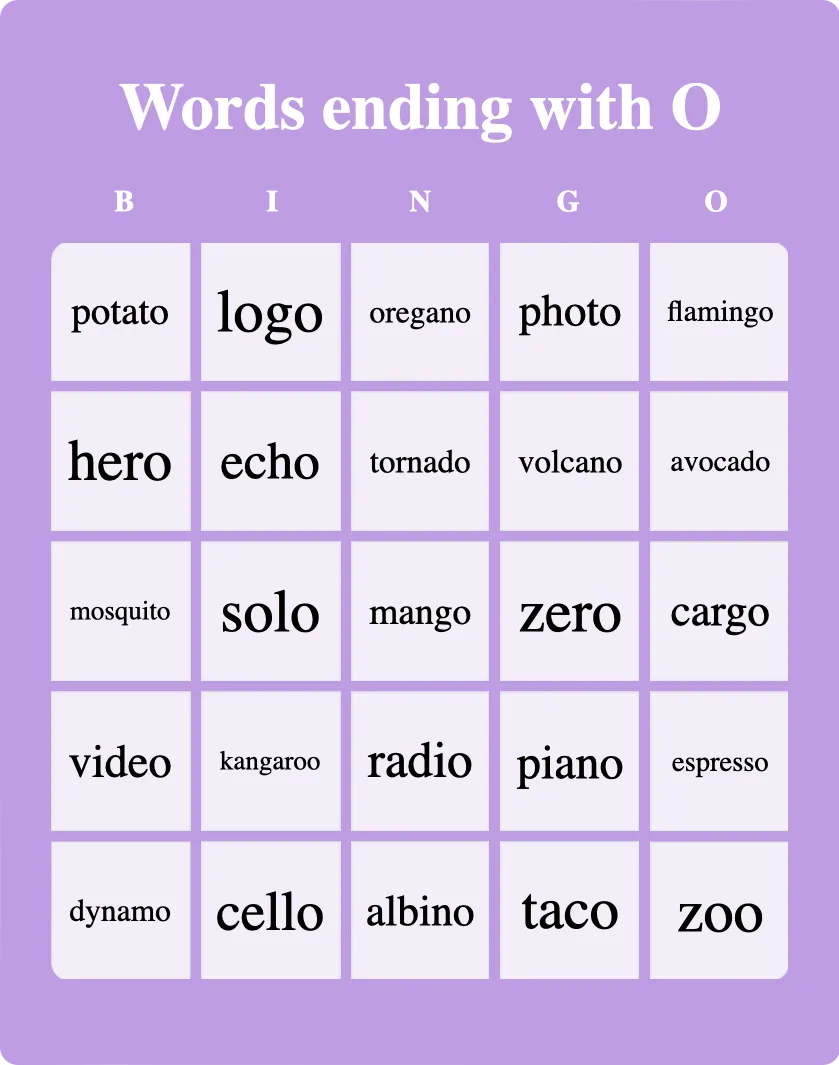 Words Ending With O - Bingo Card Creator