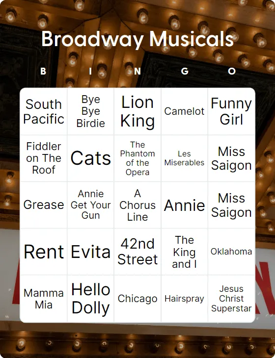 Broadway musicals bingo
