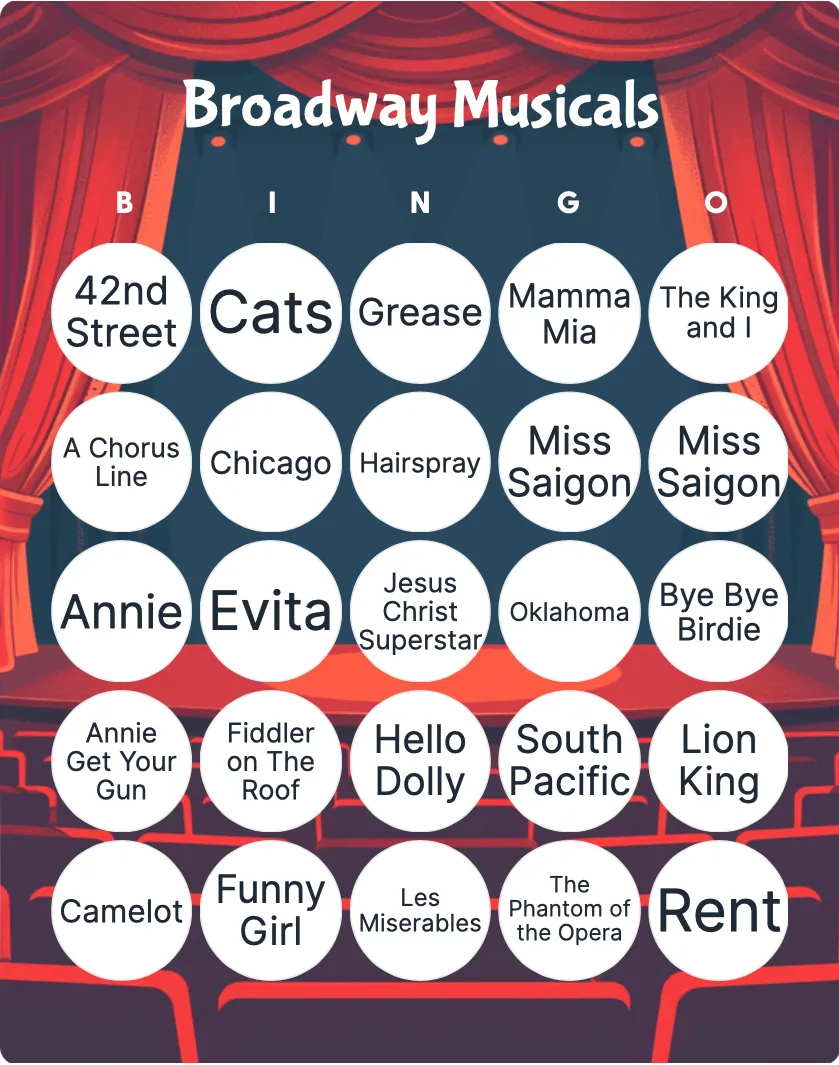 Broadway Musicals bingo card template