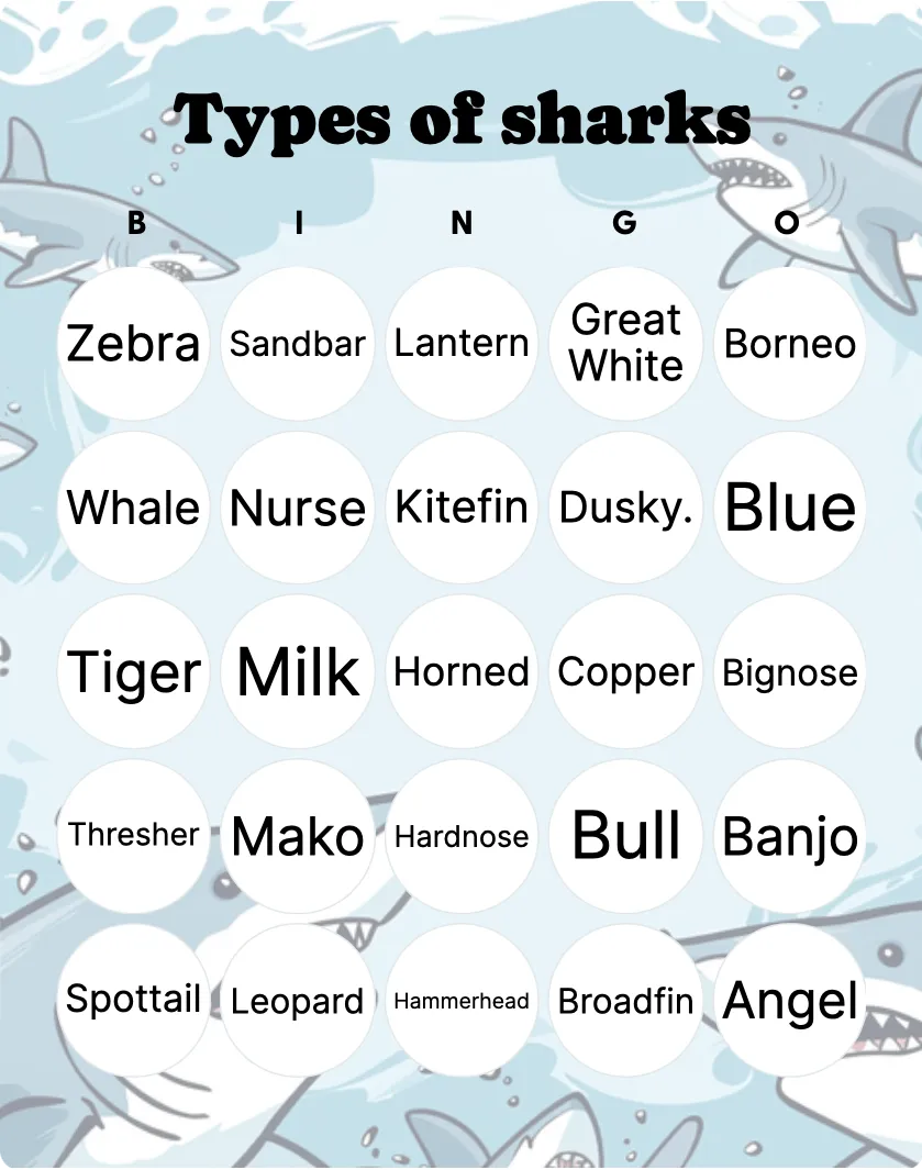 Types of sharks bingo