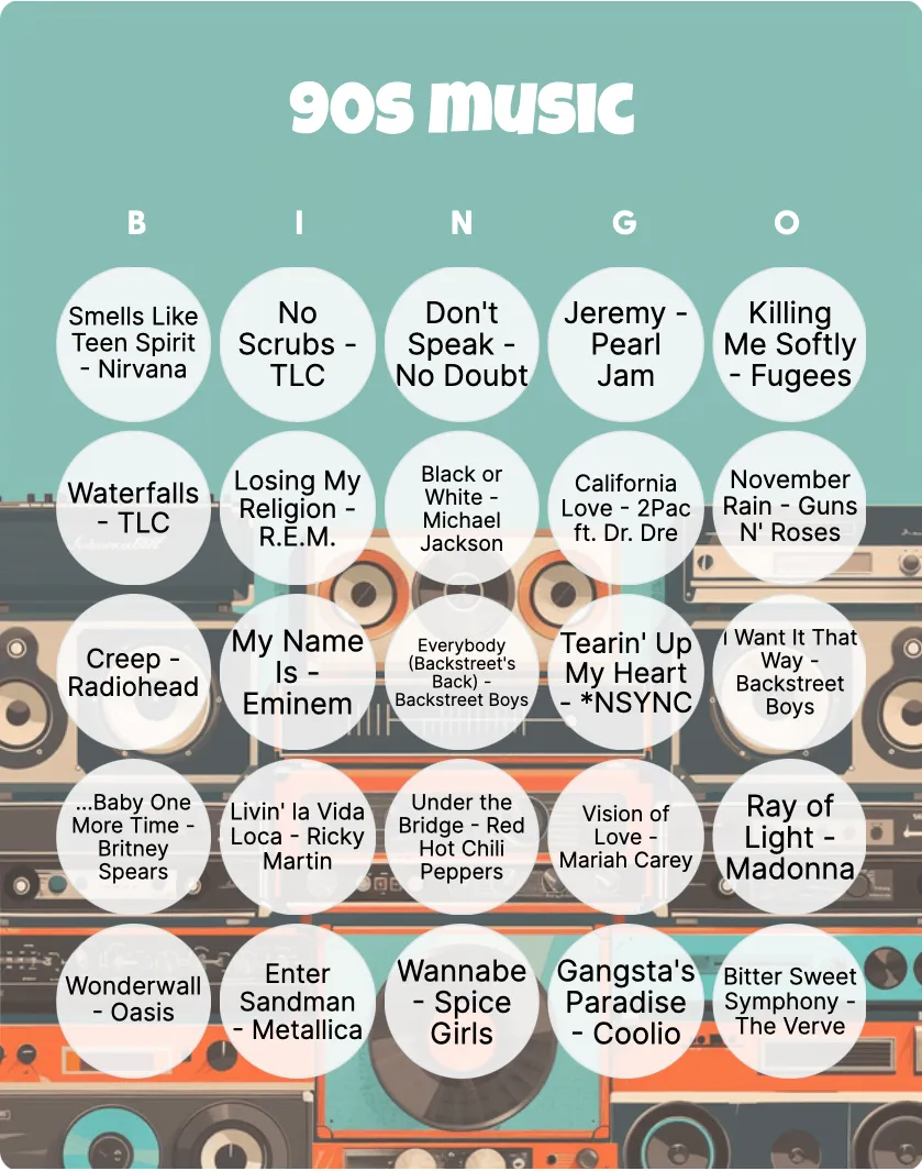 90s music bingo card template