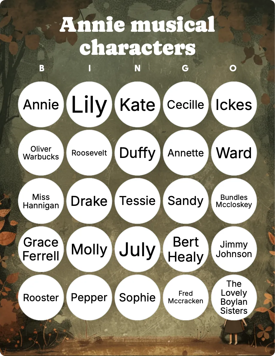 Annie musical characters bingo card template