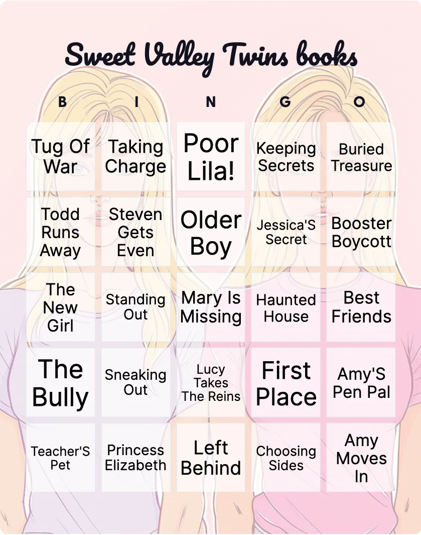 Sweet Valley Twins books bingo card template