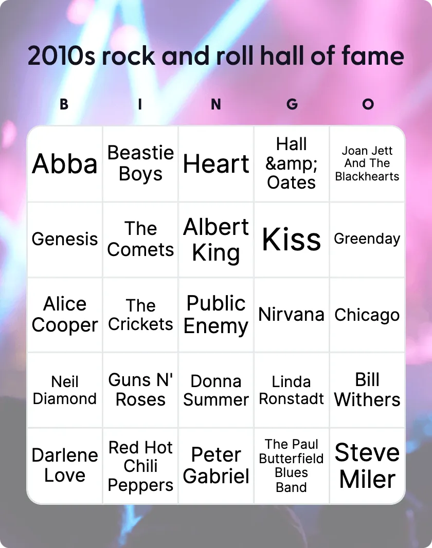 2010s rock and roll hall of fame inductees bingo