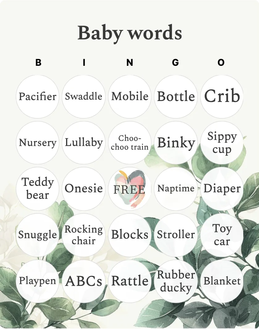 Baby words bingo card template