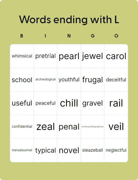 Words Ending With L - Bingo Card Creator