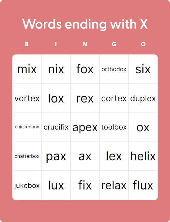 Words Ending With X Bingo Card Creator