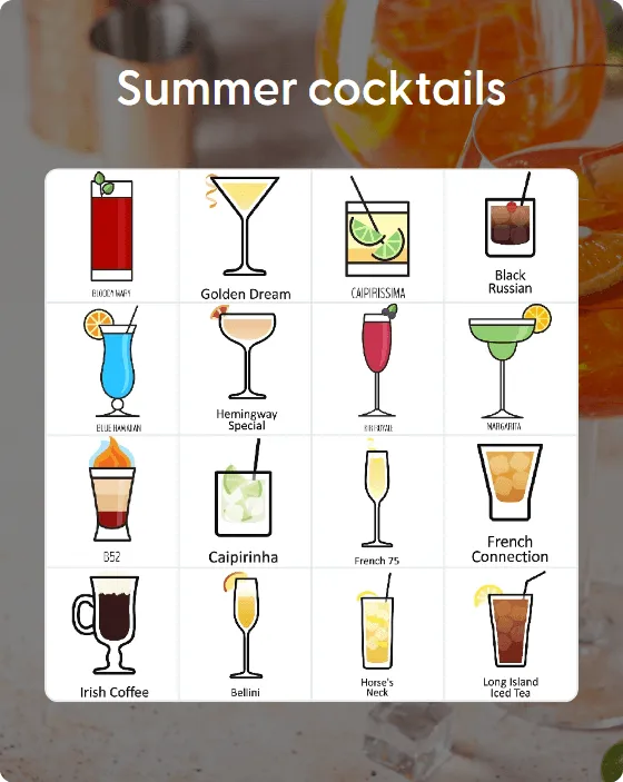 Summer cocktails bingo