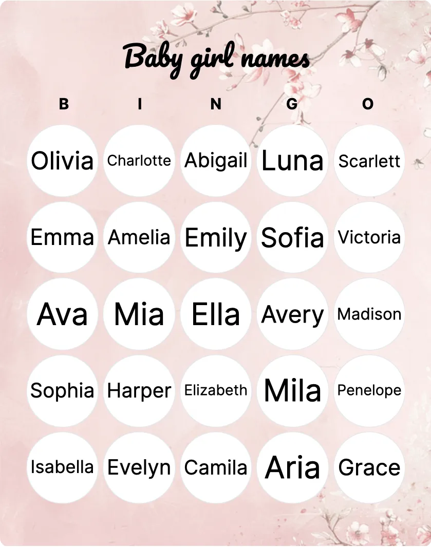 Baby girl names bingo