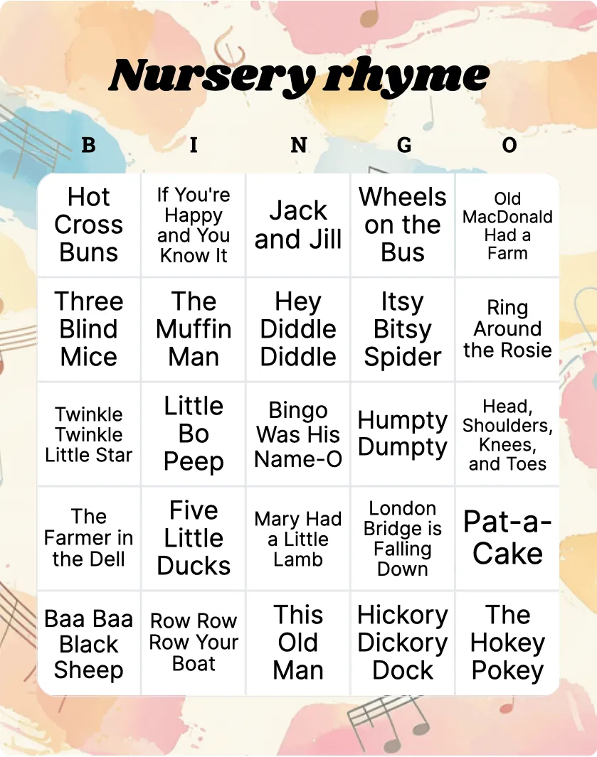 Nursery rhyme bingo card template