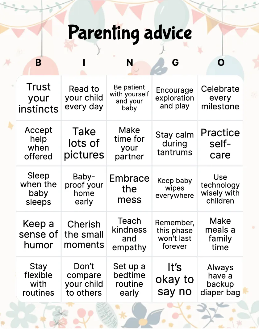 Parenting advice bingo card template