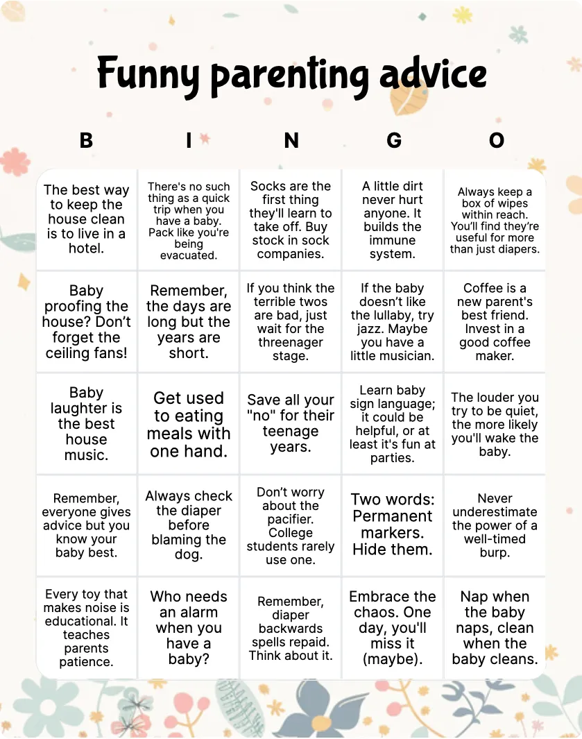 Funny parenting advice bingo