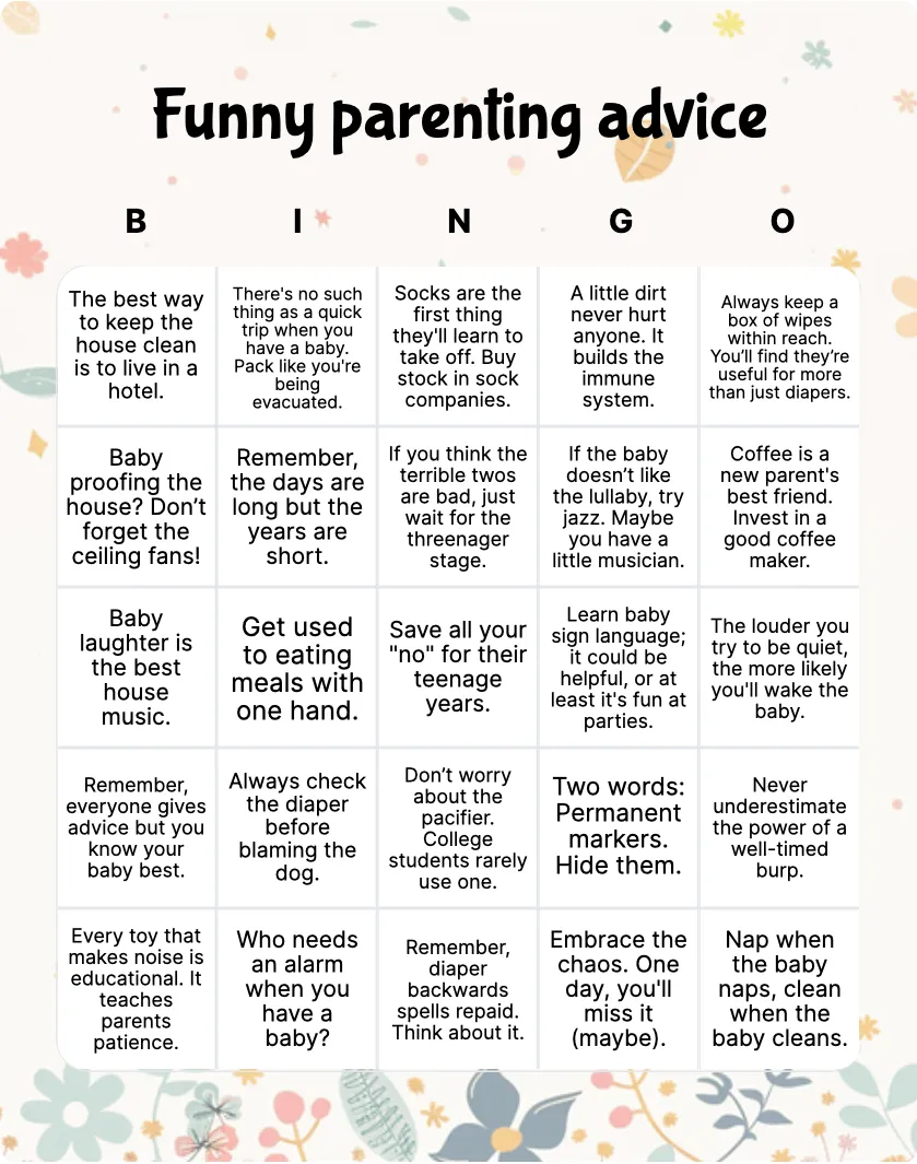 Funny parenting advice bingo card template