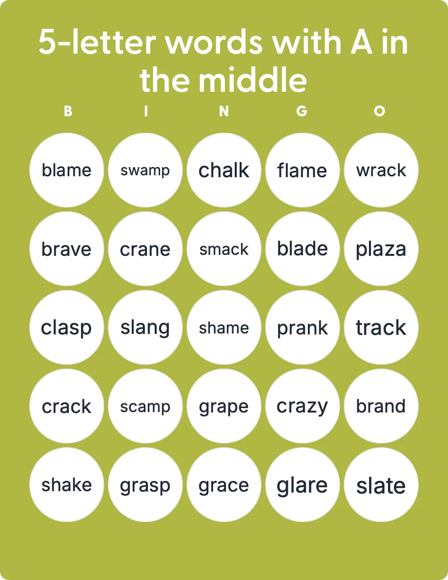 5 letter Words With A In The Middle Bingo Card Creator