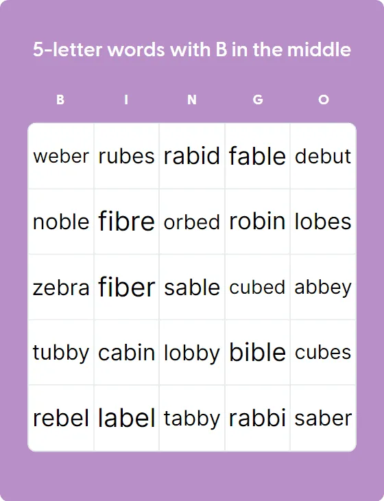 5 letter Words With B In The Middle Bingo Card Creator