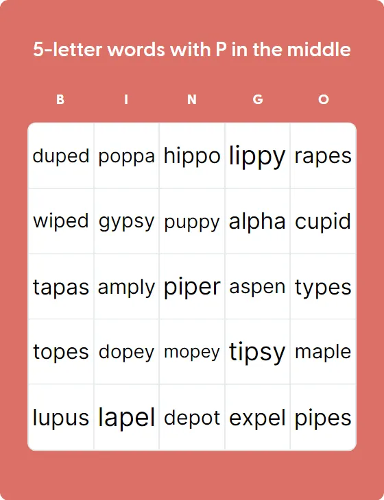 5 letter Words With P In The Middle Bingo Card Creator