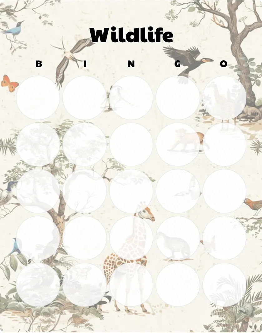Wildlife bingo card template