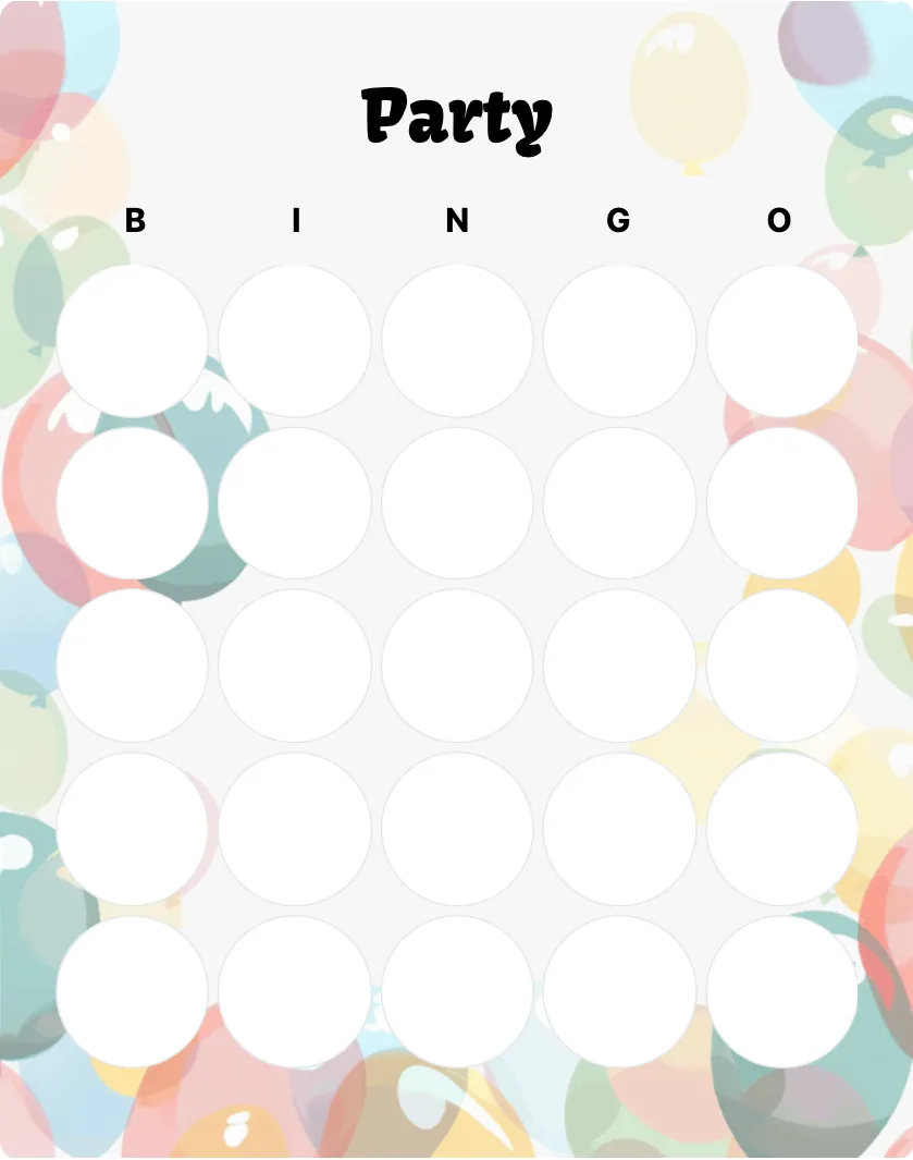 Party blank bingo card template