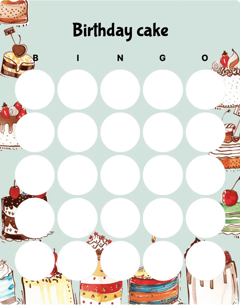 Birthday cake blank bingo card template