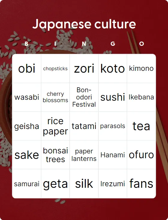 Japanese culture bingo