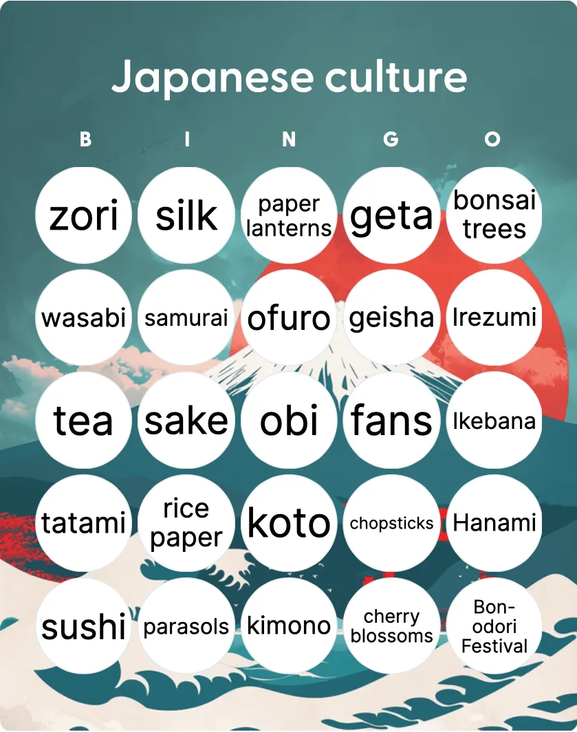 Japanese culture bingo card template