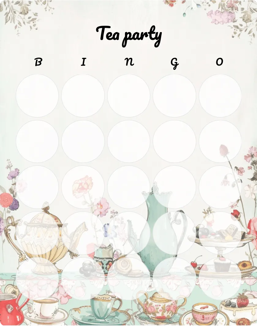 Tea party blank bingo card template