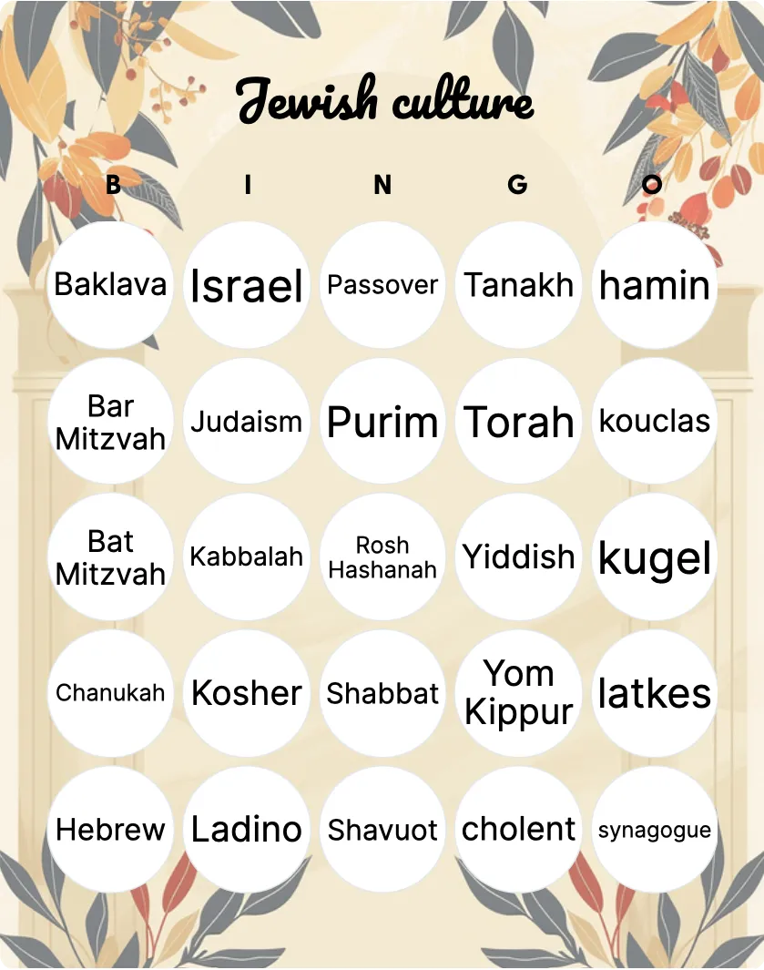 Jewish culture bingo card template