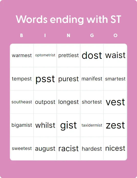 Words Ending With ST - Bingo Card Creator