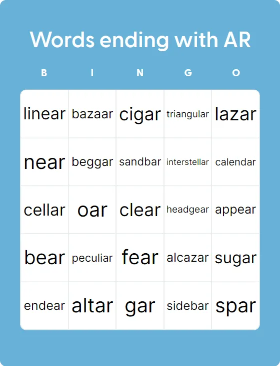 Words Ending With AR Bingo Card Creator