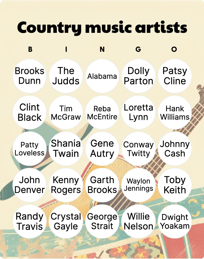 Country music artists bingo card template