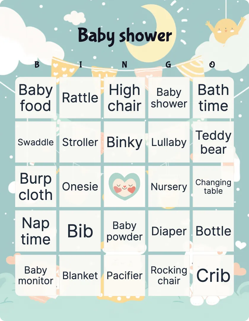 Baby shower bingo card template