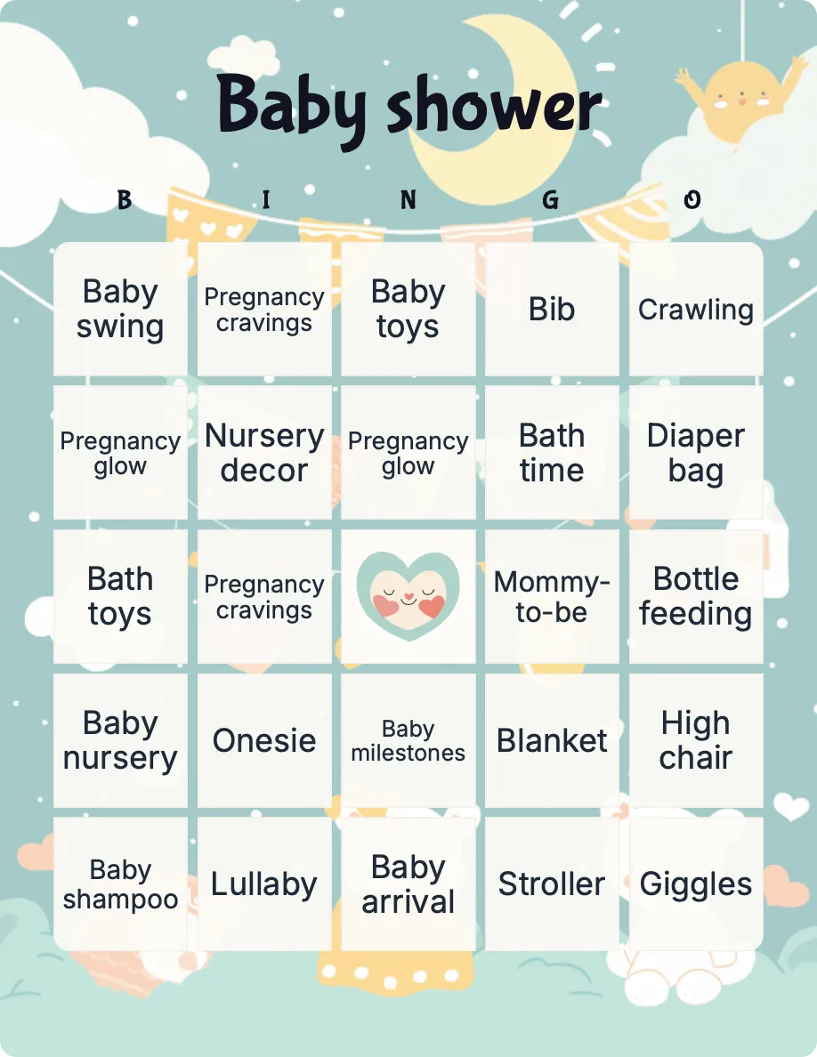 Baby shower words bingo card template