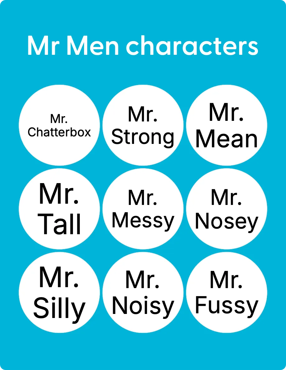 Mr Men characters bingo card template